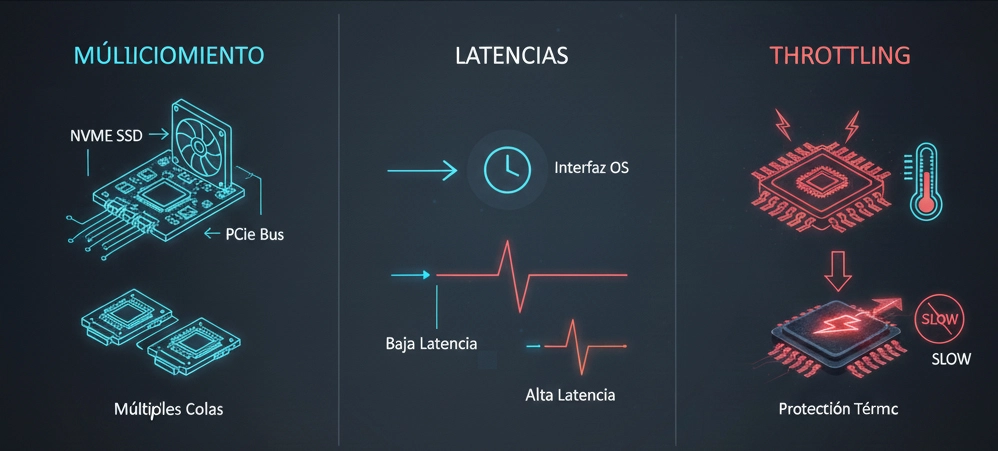 NVMe – PCIe colas latencias y throttling